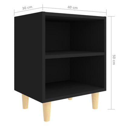 Black Bed Cabinets with Solid Wood Legs, Set of 2, 40x30x50 cm