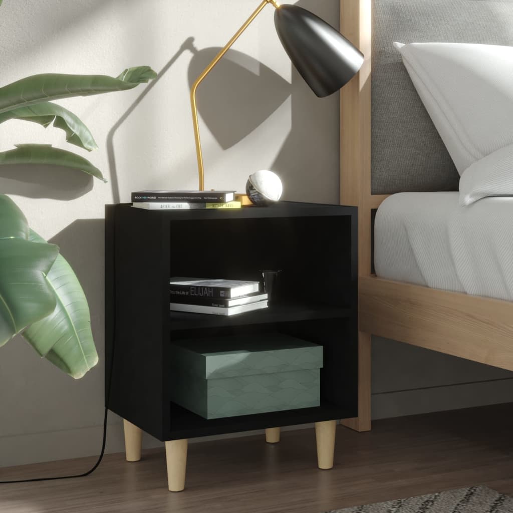 Black Bed Cabinets with Solid Wood Legs, Set of 2, 40x30x50 cm