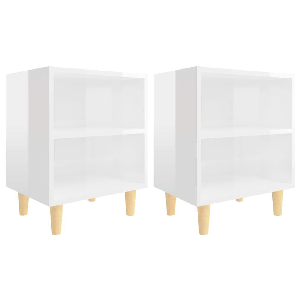 High Gloss White Bed Cabinets, Solid Wood Legs, Set of 2 - 40x30x50 cm