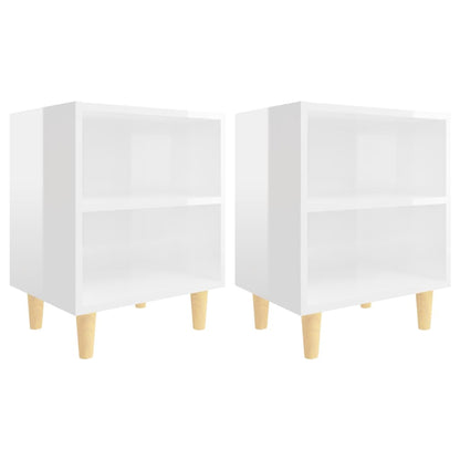 High Gloss White Bed Cabinets, Solid Wood Legs, Set of 2 - 40x30x50 cm