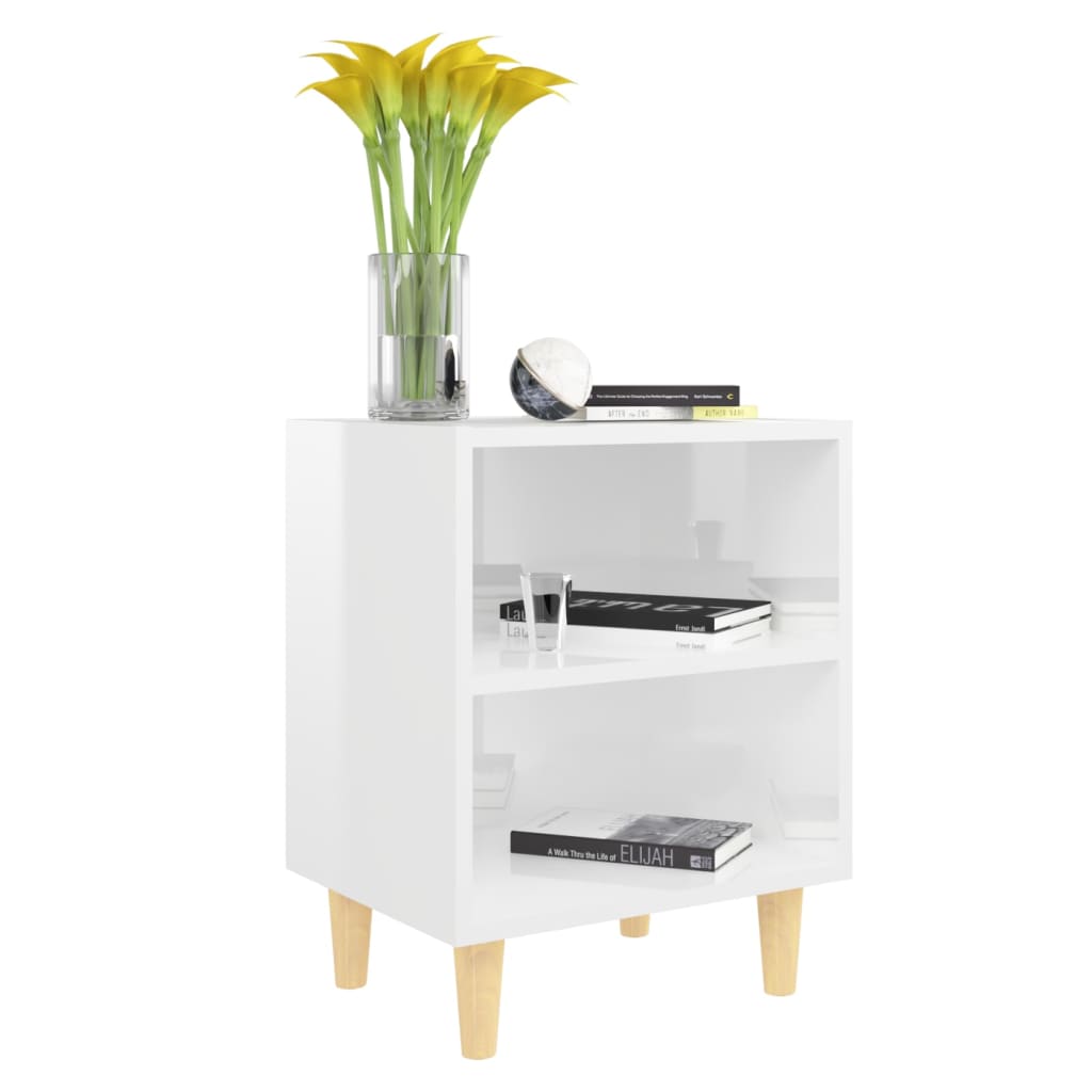 High Gloss White Bed Cabinets, Solid Wood Legs, Set of 2 - 40x30x50 cm
