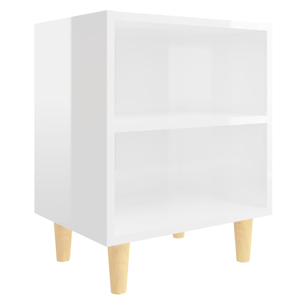 High Gloss White Bed Cabinets, Solid Wood Legs, Set of 2 - 40x30x50 cm