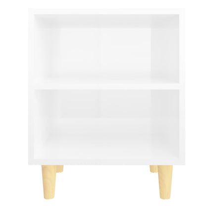 High Gloss White Bed Cabinets, Solid Wood Legs, Set of 2 - 40x30x50 cm