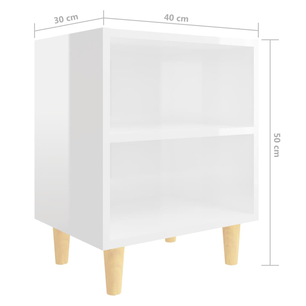High Gloss White Bed Cabinets, Solid Wood Legs, Set of 2 - 40x30x50 cm