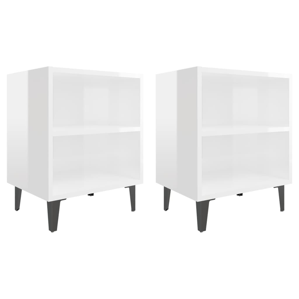 Set of 2 High Gloss White Bed Cabinets with Metal Legs - 40x30x50 cm