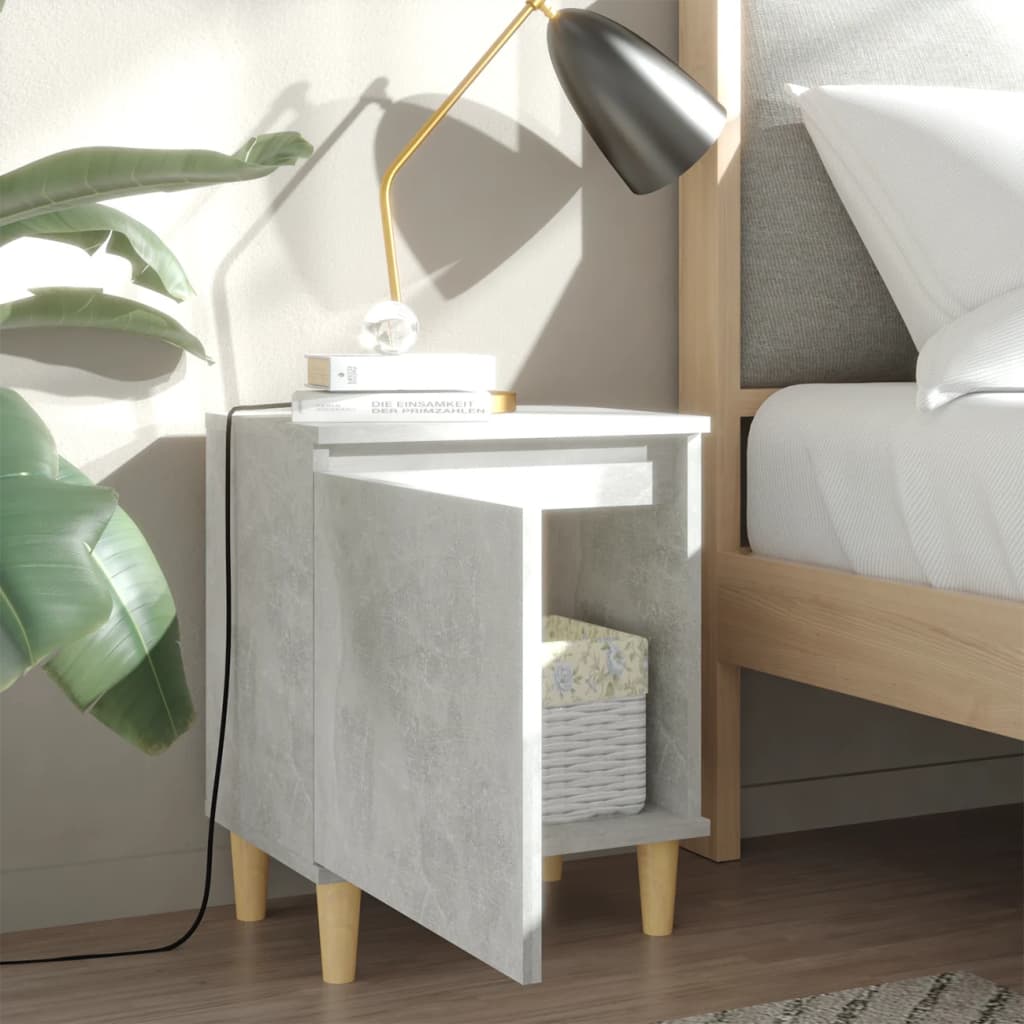 Concrete Grey Bed Cabinet with Solid Wood Legs - 40x30x50 cm