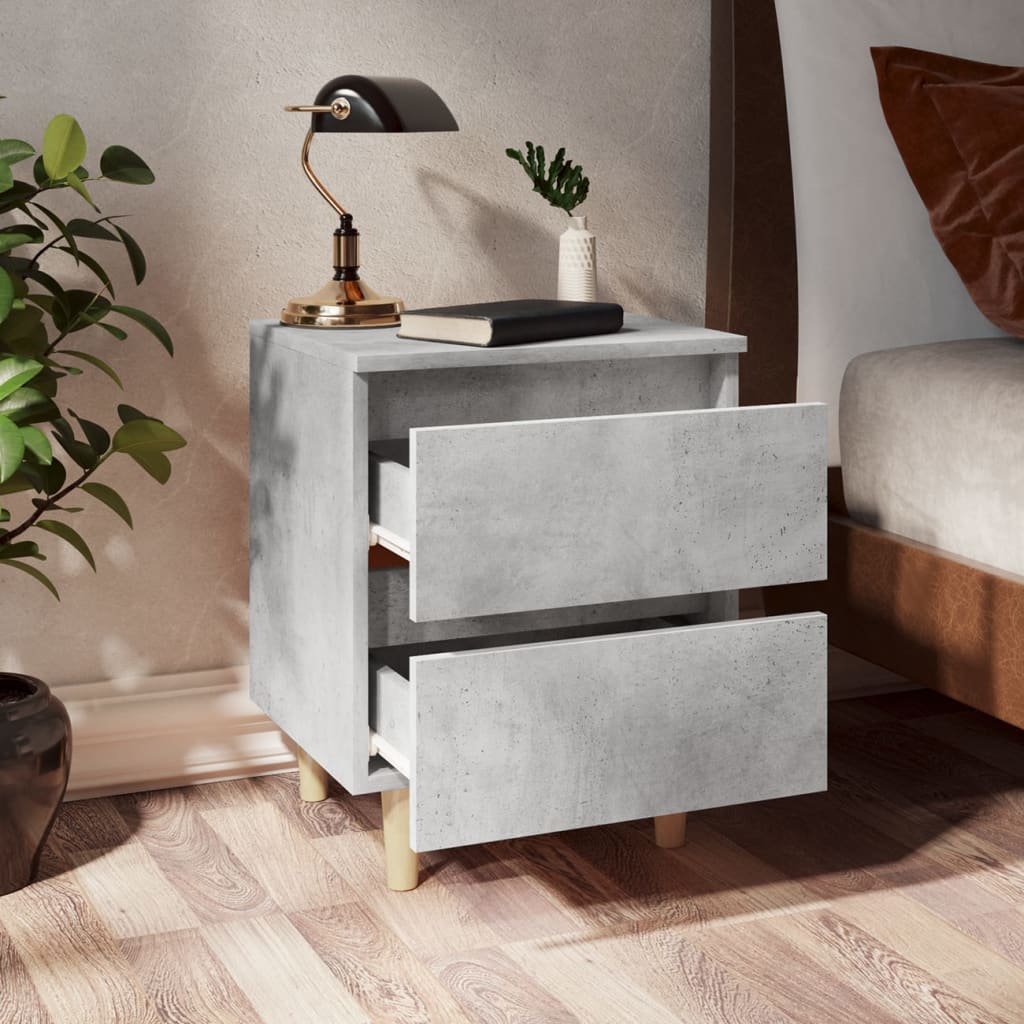 Concrete Grey Bed Cabinet with Solid Pine Legs, 40x35x50 cm