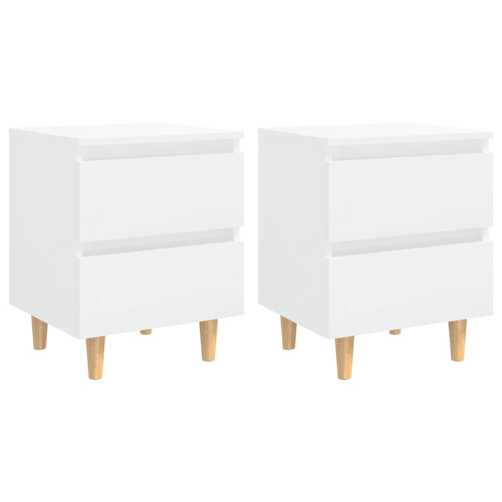 High Gloss White Bed Cabinets, Pinewood Legs, 2pcs, 40x35x50cm