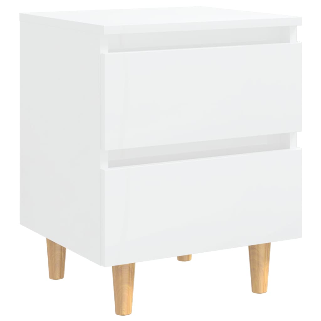 High Gloss White Bed Cabinets, Pinewood Legs, 2pcs, 40x35x50cm