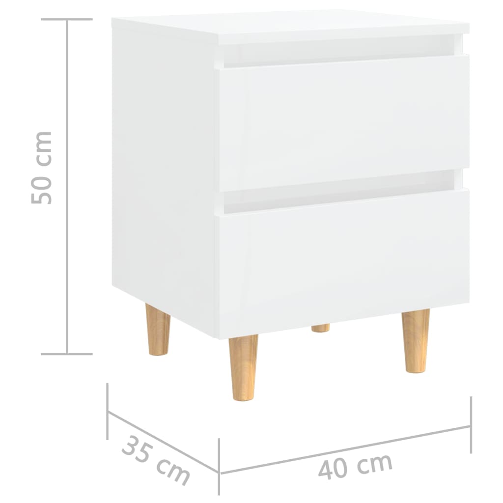 High Gloss White Bed Cabinets, Pinewood Legs, 2pcs, 40x35x50cm