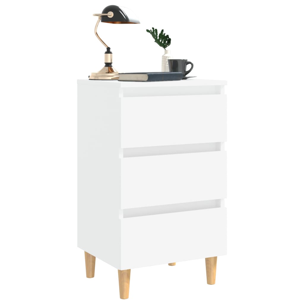 White Bed Cabinet with Solid Wood Legs - 40x35x69 cm