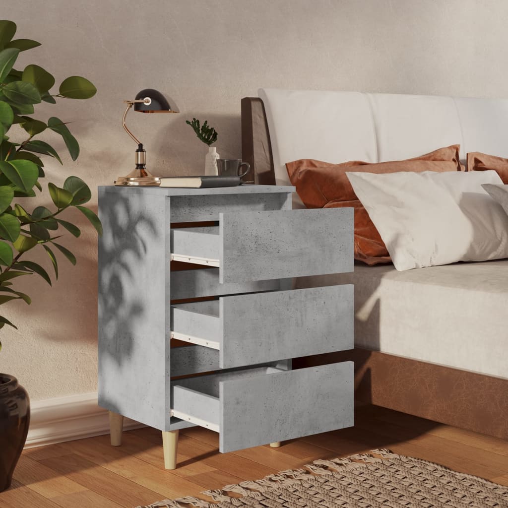 Concrete Grey Bed Cabinet with Solid Wood Legs - 40x35x69 cm