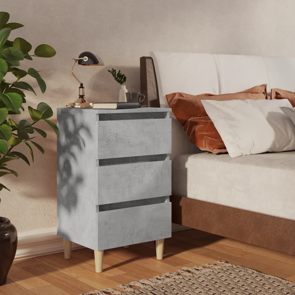 Concrete Grey Bed Cabinet with Solid Wood Legs - 40x35x69 cm