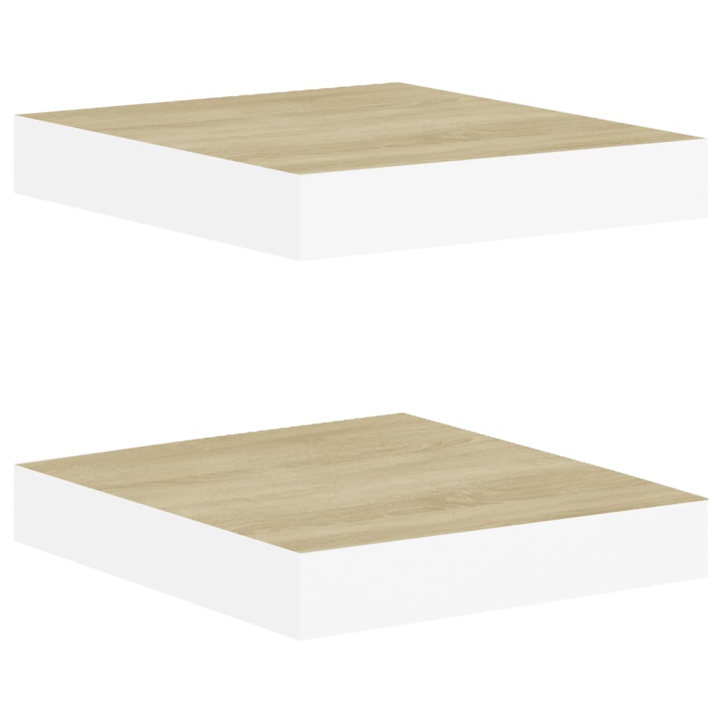 Oak & White Floating Wall Shelves Set - 23cm MDF, 2 Pcs
