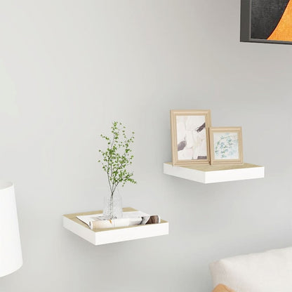 Oak & White Floating Wall Shelves Set - 23cm MDF, 2 Pcs