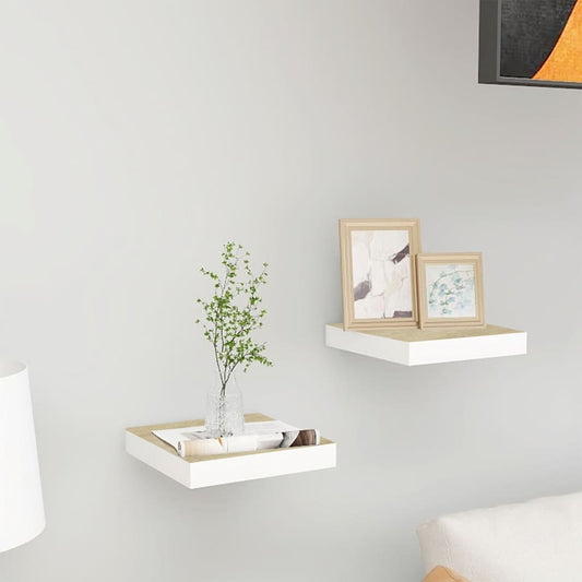 Oak & White Floating Wall Shelves Set - 23cm MDF, 2 Pcs