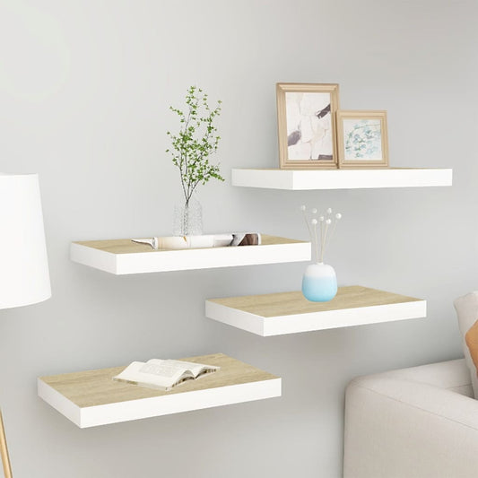 Oak & White MDF Floating Wall Shelves Set of 4 - 40x23 cm
