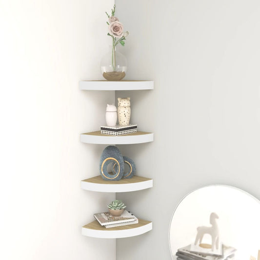 Oak & White MDF Wall Corner Shelves 4 PCS - 25x25x3.8 cm