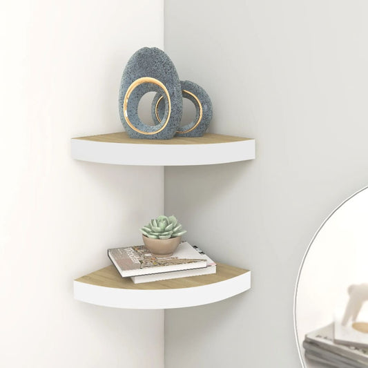 Oak & White MDF Wall Corner Shelves Set - 35x35 cm (2 Pcs)