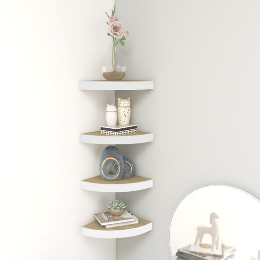 Oak & White Wall Corner Shelves Set - 4 Pack, 35x35 cm MDF