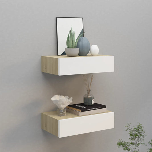 Oak & White Wall Drawer Shelves 2 pcs - 40x23.5x10cm MDF