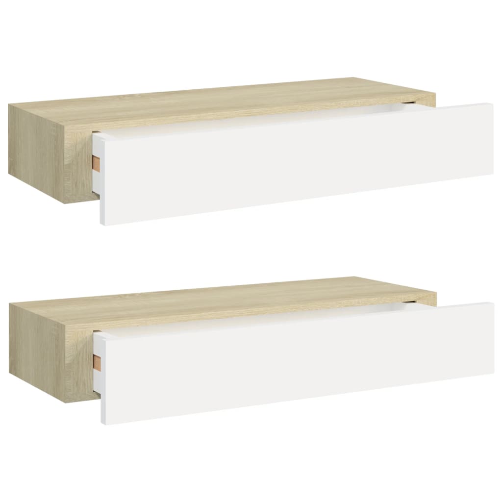 Oak & White Wall Drawer Shelves Set, MDF, 60x23.5x10cm, 2pcs