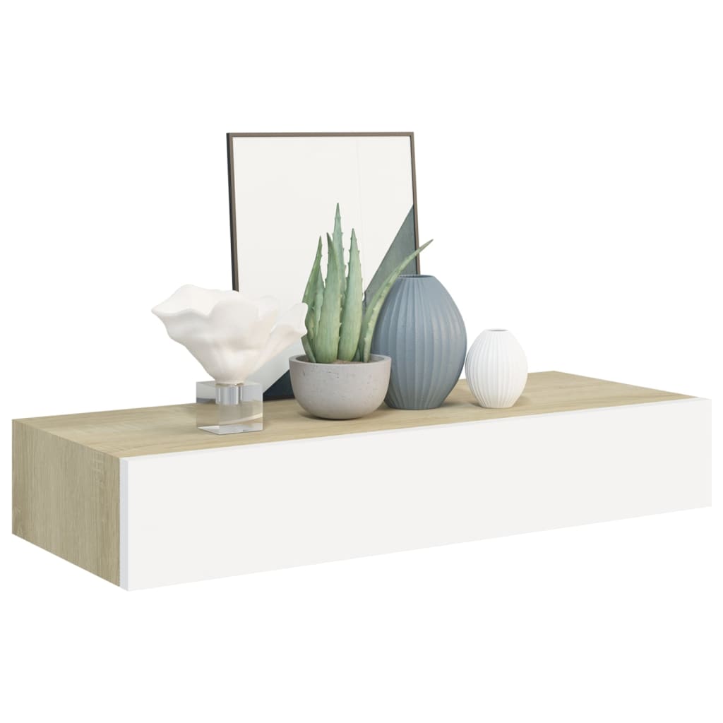 Oak & White Wall Drawer Shelves Set, MDF, 60x23.5x10cm, 2pcs
