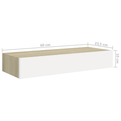 Oak & White Wall Drawer Shelves Set, MDF, 60x23.5x10cm, 2pcs