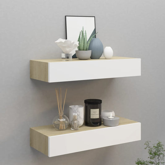 Oak & White Wall Drawer Shelves Set, MDF, 60x23.5x10cm, 2pcs
