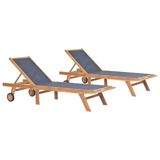 2-Piece Teak & Textilene Folding Sun Loungers with Wheels