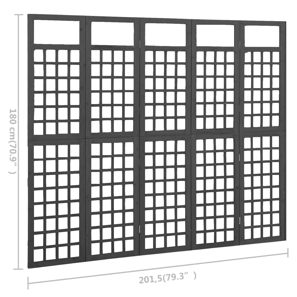 Black 5-Panel Fir Wood Room Divider & Trellis, 201.5x180 cm