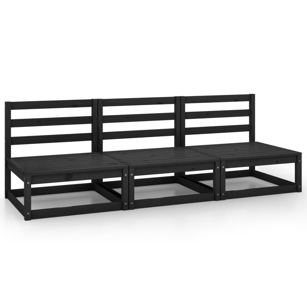 Elegant Black Solid Pinewood 3-Seater Garden Sofa