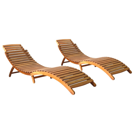2-Piece Solid Acacia Wood Sun Loungers - Natural Finish