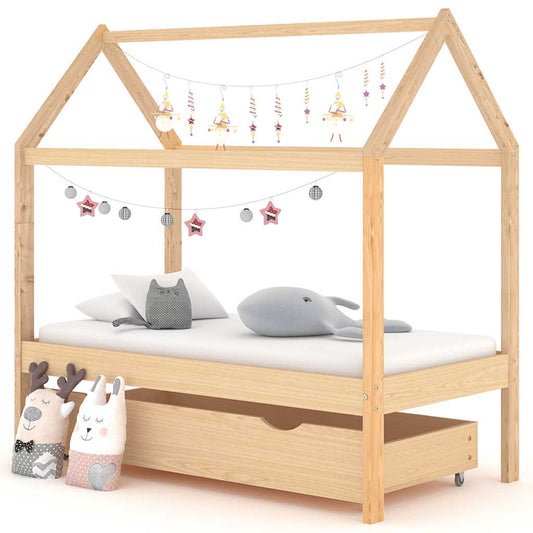 Solid Pine Kids Bed Frame with Drawer, 70x140 cm - Natural Wood