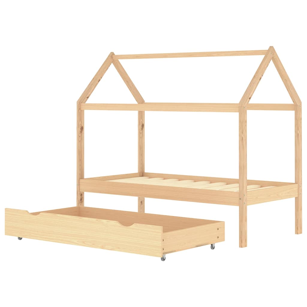Solid Pine Kids Bed Frame 80x160 cm with Drawer - Natural Wood