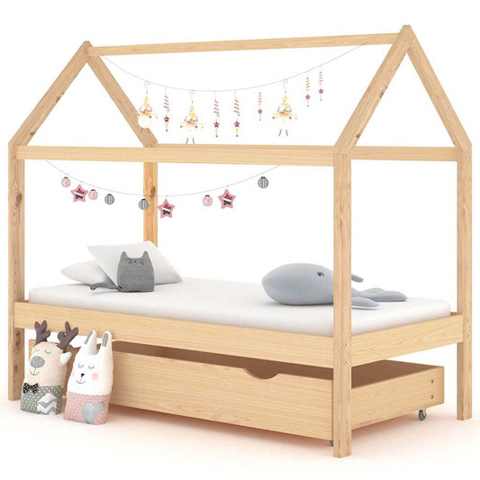 Solid Pine Kids Bed Frame 80x160 cm with Drawer - Natural Wood