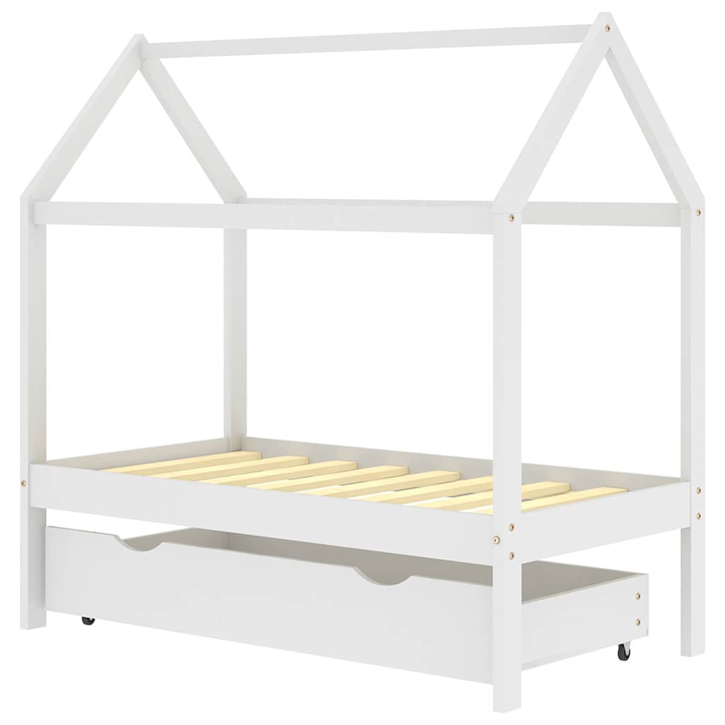 White Pine Wood Kids Bed Frame with Drawer, 70x140 cm