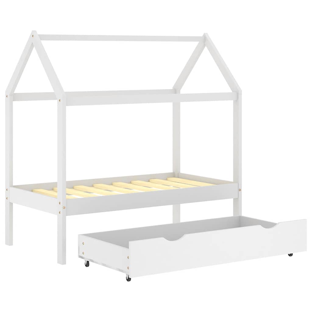 White Pine Wood Kids Bed Frame with Drawer, 70x140 cm