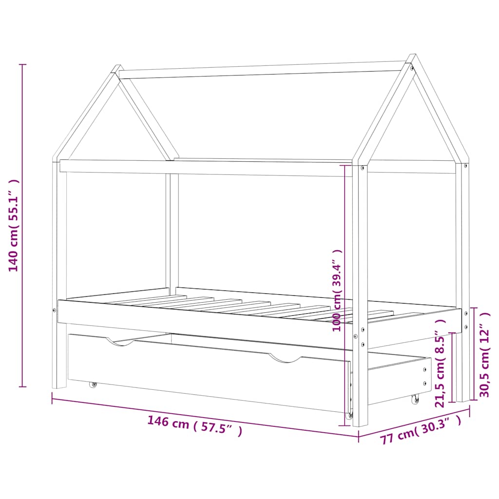 White Pine Wood Kids Bed Frame with Drawer, 70x140 cm