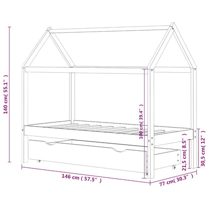 White Pine Wood Kids Bed Frame with Drawer, 70x140 cm
