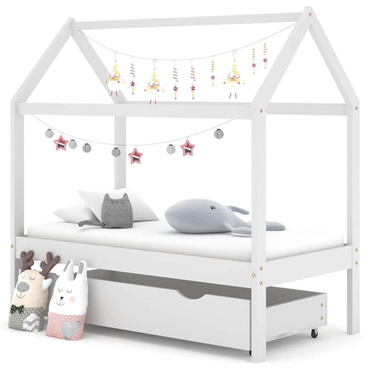 White Pine Wood Kids Bed Frame with Drawer, 70x140 cm