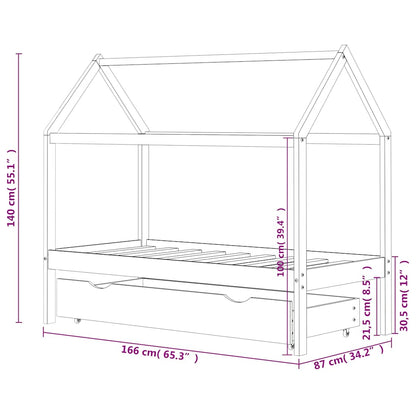 White Pine Wood Kids Bed Frame with Drawer, 80x160 cm