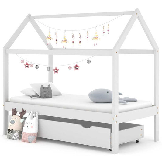 White Pine Wood Kids Bed Frame with Drawer, 80x160 cm