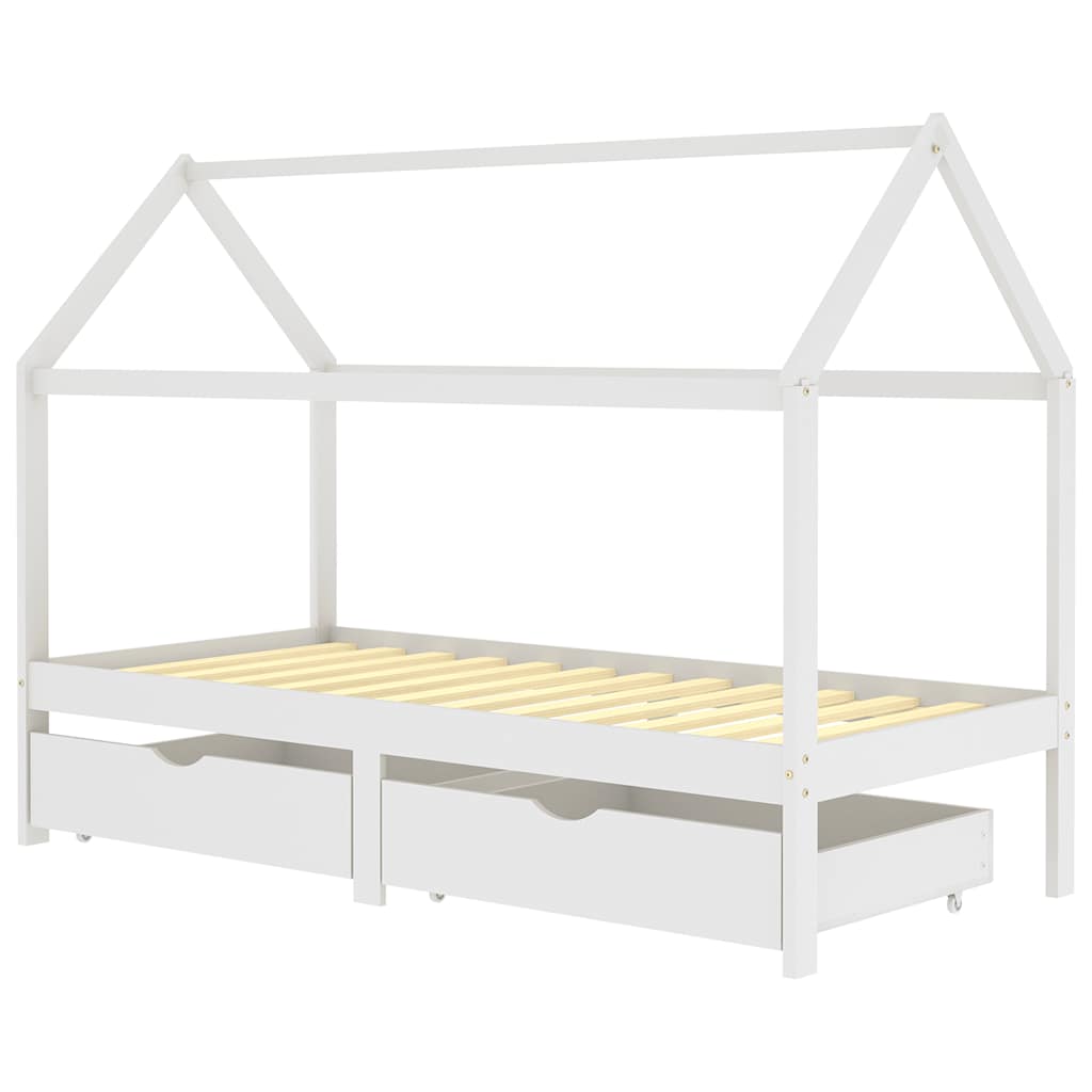 White Solid Pine Kids Bed Frame with Drawers - 90x200 cm