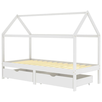 White Solid Pine Kids Bed Frame with Drawers - 90x200 cm