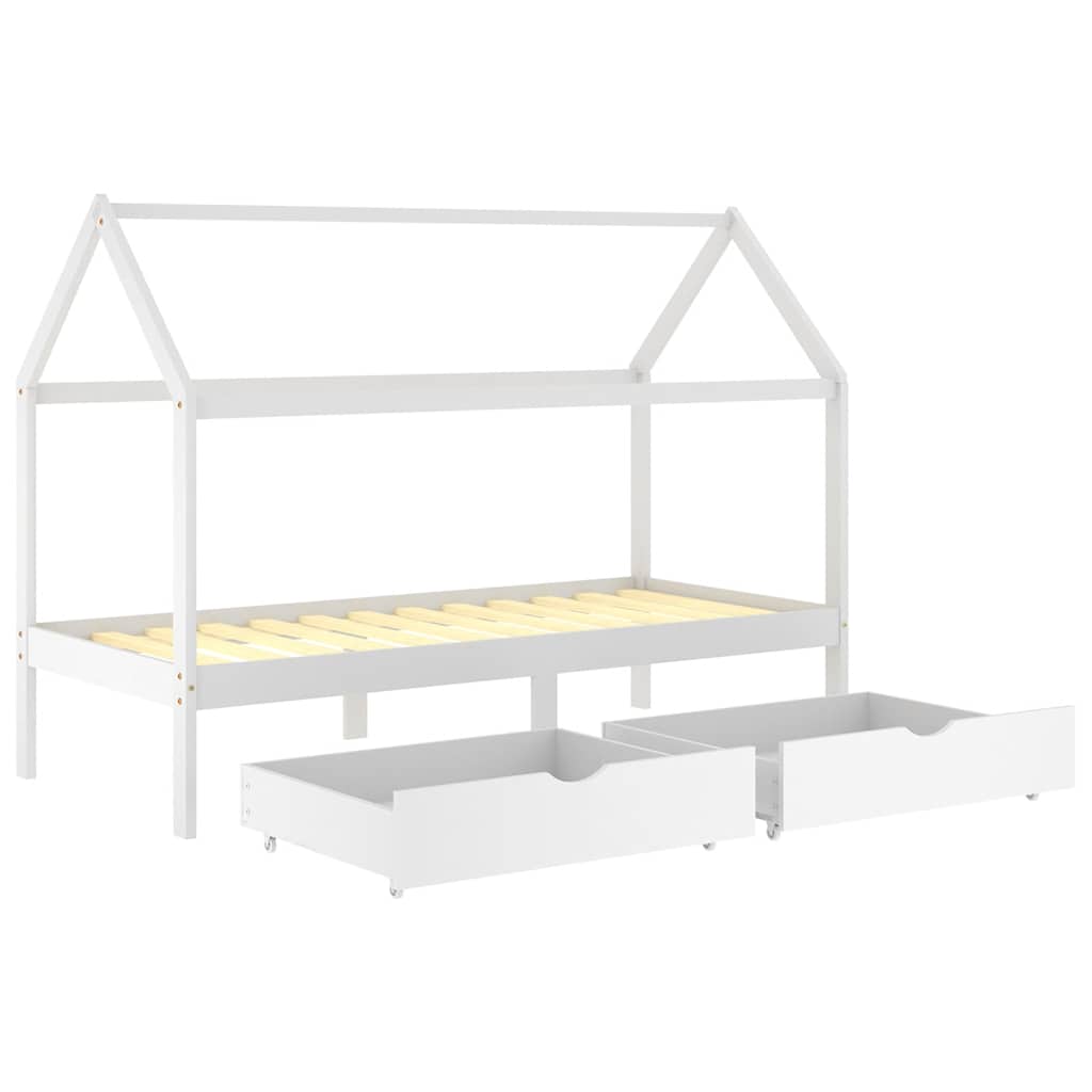 White Solid Pine Kids Bed Frame with Drawers - 90x200 cm