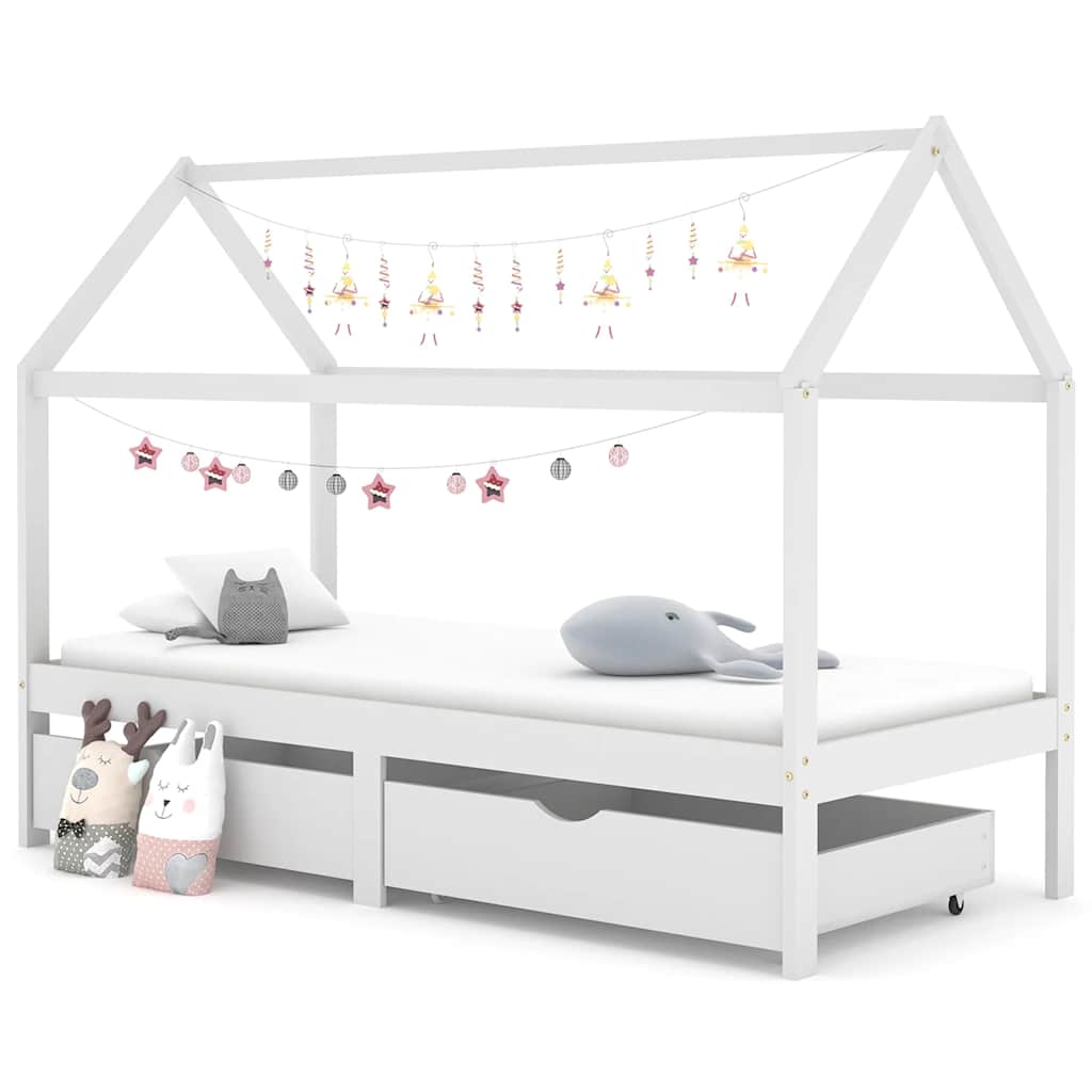 White Solid Pine Kids Bed Frame with Drawers - 90x200 cm