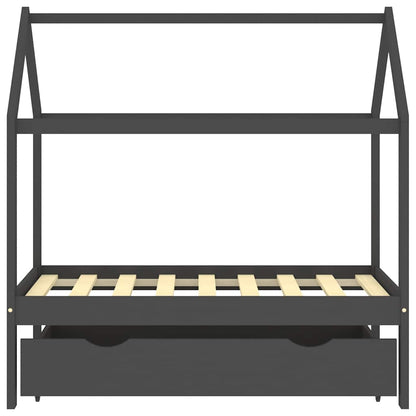 Kids Dark Grey Solid Pine Wood Bed Frame with Drawer 70x140cm