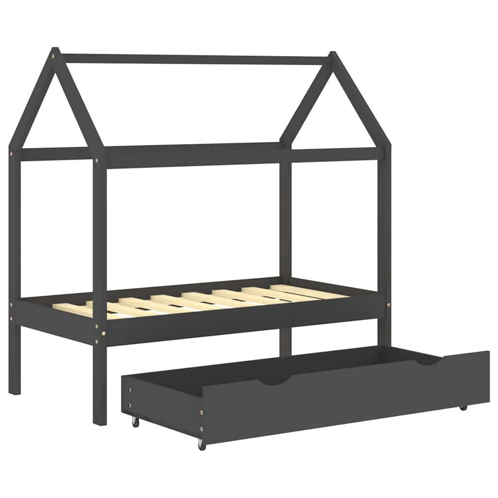 Kids Dark Grey Solid Pine Wood Bed Frame with Drawer 70x140cm