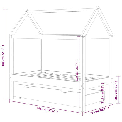 Kids Dark Grey Solid Pine Wood Bed Frame with Drawer 70x140cm